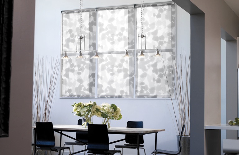 Light gray patterned shades in light blue dining room